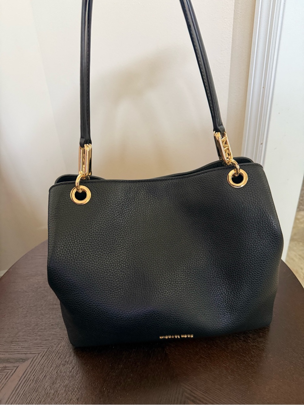 Michael Kors Black Pebbled Leather Shoulder Tote with Gold Hardware
